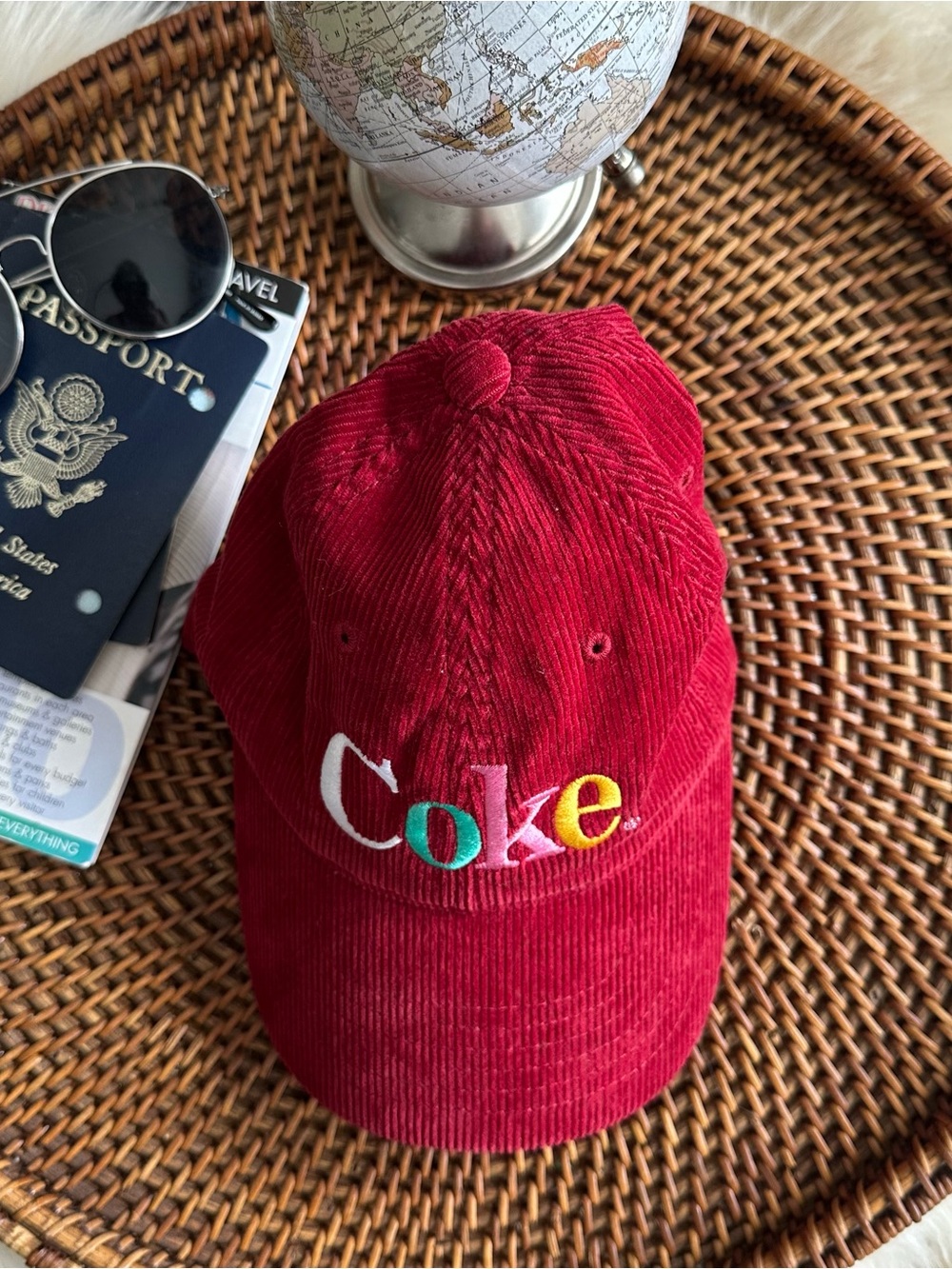 Coca Cola “Coke” Red Multicolor Embroidered Corduroy Adjustable Baseball Cap